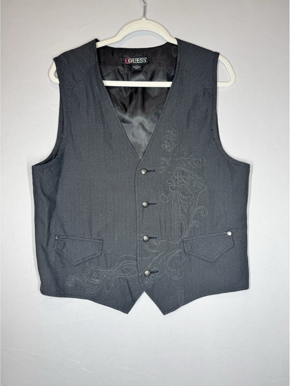 Guess Men’s Dress Vest — Size Large | Gray Herringbone | Stud Floral Embroidery